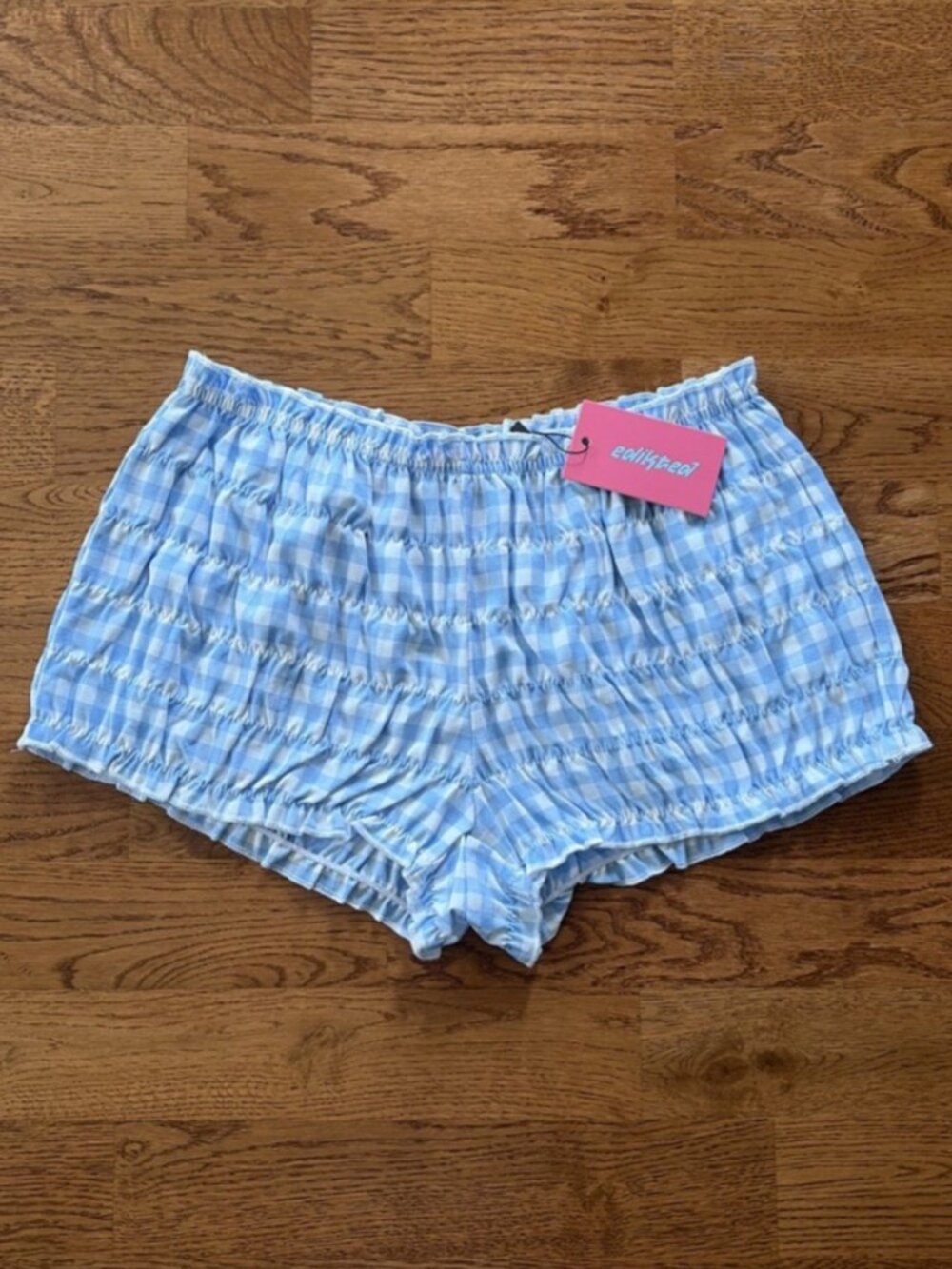 NWT Edikted Gingham Scrunch Shorts XS Blue White gingham Check Bloomer Low Rise